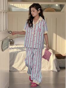 DAZY Tween Girl Striped Cherry Print Bow Decor Short Sleeve Top And Pants Pajama Set - Blue - View 5