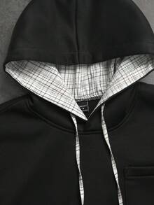 Manfinity Roghcode 男士格子拼接长袖休闲连帽卫衣，加厚款，优质男士连帽衫，套头衫，时尚街头风百搭单品，送给男友的完美礼物。 - 黑色 - 查看 5