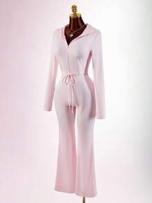 Amplova 女士连体连帽衫，性感褶皱露背长款连体裤，带帽设计，适合早春运动休闲穿着 - 粉色 - 查看 15