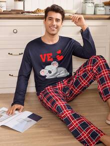 CoupledUp Couple 1set Casual Cute Koala Animal Print Plaid Long Sleeve Pajama Set, Autumn Loungewear, Winter Clothes Couples Matching Pajamas Set 2 Piece Pj Set Cute Pjs Set Couple Pajama Sleep Wear Set - Multicolor - View 6