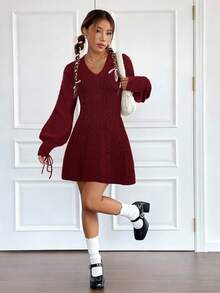 SHEIN EZwear Cable Knit Lantern Sleeve Sweater Dress In Fall/Winter - Burgundy - View 5