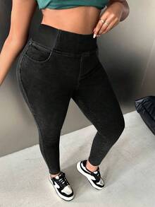 Slaydiva 大码高腰弹力黑色修身牛仔裤镂空服装圣诞节女装感恩节女装返校节冬季牛仔女郎服装抓绒牛仔裤抓绒打底裤 - 黑色 - 查看 6