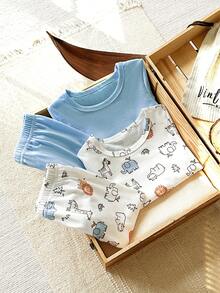 SHEIN Vintaside Kids طقم تي شيرت وبنطلون مطبوع بطبعات حيوانات كرتونية للأطفال الصبيان - بني فاتح - مشاهدة 4