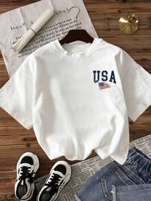 SHEIN Women's Casual Daily Commute Fashion Street 4th Of July American Flag Letter Print Short Sleeve White T-Shirt