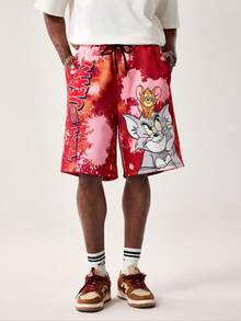 TOM & JERRY X SHEIN Men's Summer Casual Tie-Dye Cartoon Pattern Drawstring Waist Shorts - Red - View 1