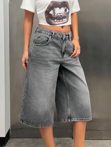 EURMUSE GREY LOW WAIST BAGGY BERMUDA JORT SHORTS Cowboy Work Gray Jeans Cowgirl Jeans Wide Leg Baggy Jeans Y2k Oversized Jeans Jeans Women Baggy Rodeo Cropped Jeans Baggy Jeans Women Womens Jeans Loose Jeans Wide Leg Jeans Streetwear - Grey - View 6
