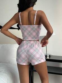 ZzzCrew Pink Plaid Camisole & Shorts Pajama Set With Button Decor, Fitted For Women 2 Piece Summer Set Plaid Lingerie - Pink - View 2