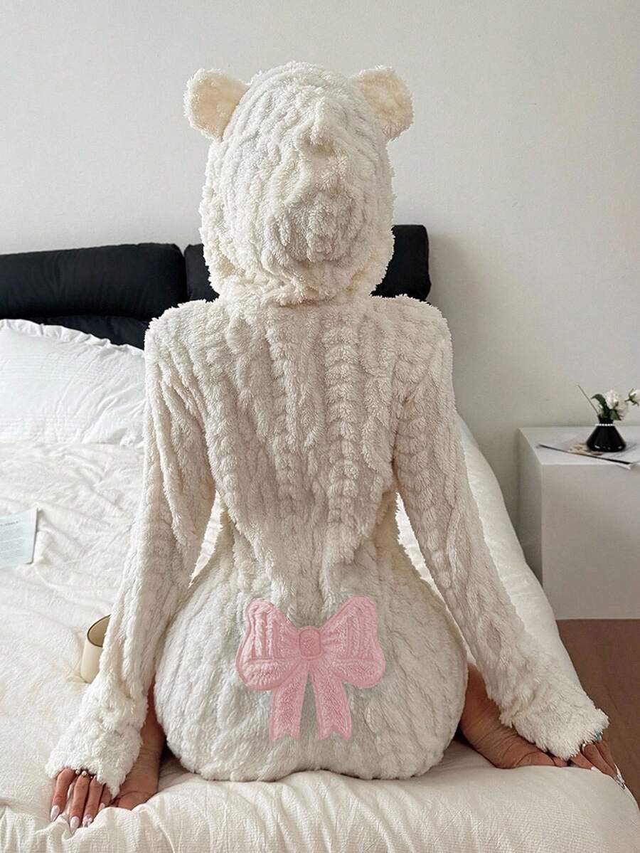 Dream Adore 动物造型连帽蝴蝶结提花抓绒女士连体睡衣