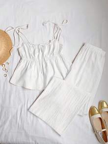 Comfortcana Woven White Linen Tank Top And Pants Set - White - View 2