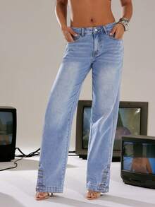 Denimoi Straight Leg Ankle Slit Button Detail Denim Jeans - Light Wash - View 4