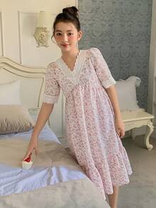 DAZY Tween Girls Floral Ruffle Trim Waist V-Neck Nightgown Loungewear Spring - Pink - View 6