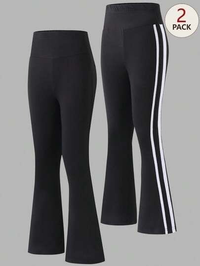 Sparklyn 这款两件套少女四季时尚黑色长裤采用高腰弹力设计，兼具舒适性和塑形效果。其中一条裤子饰有醒目的双面条纹——一条宽条纹和一条窄条纹——打造运动风；另一条则是简约的纯色设计。面料柔软透气，非常适合日常穿着和上学穿着。