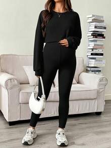 SHEIN Bộ 2 món gồm áo thun dài tay vai rớt màu trơn và áo liền quần dành cho bà bầu, kiểu dáng thường ngày. - màu đen - Xem 7