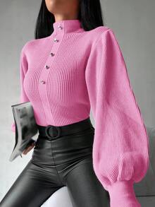 EURMUSE Women's Solid Color Turtleneck Long Sleeve Button Design Sweater, Autumn/Winter - Pink - View 6