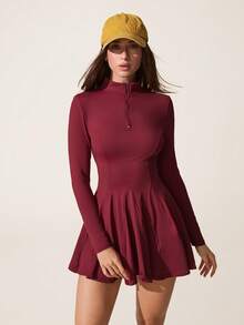 Core Rhythm 女士户外运动长袖半拉链高领A字连衣裙，女士运动短裤带手机口袋 - 酒紅色 - 查看 5