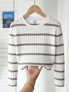 SHEIN 少女罗纹圆领长袖休闲宽松加厚T恤，秋冬套头衫 - 卡其色 - 查看 5