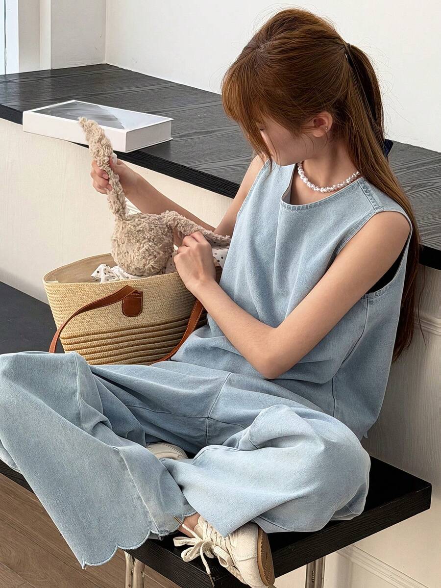 DAZY Teen Girl Solid Color Round Neck Wide Strap Sleeveless Casual Loose Denim Set