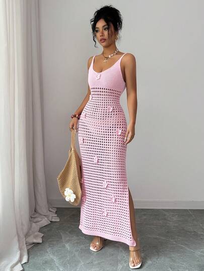 SHEIN Elenzya 女士无袖花卉装饰镂空针织长裙