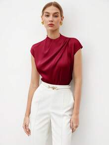 BizChic 红色褶皱领口和肩部设计上衣，百搭春夏装，适合复活节、圣帕特里克节、优雅都市通勤、日常休闲、浪漫90年代复古风、派对礼服、海滩、毕业典礼、度假、婚礼宾客、伴娘、女主人等场合。 - 酒紅色 - 查看 3