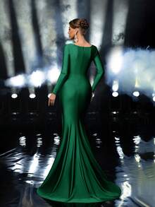 Glamrae 优雅奢华的串珠亮片拼接弹力针织美人鱼长裙，长袖设计，适合婚礼、派对、度假、盛大晚宴和正式场合。 - 墨綠色 - 查看 3