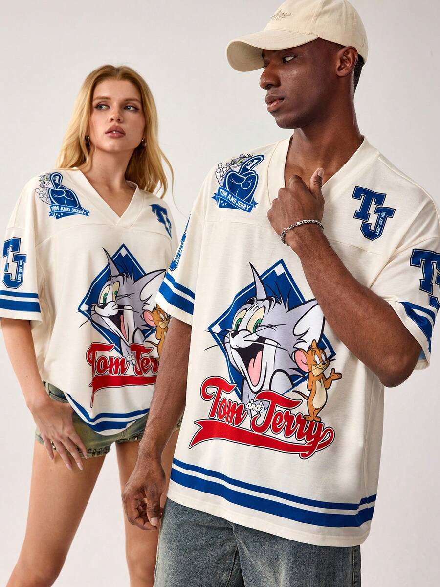 TOM & JERRY X SHEIN Men's Casual Letter & Cartoon Graphic V-Neck Short Sleeve T-Shirt, Summer