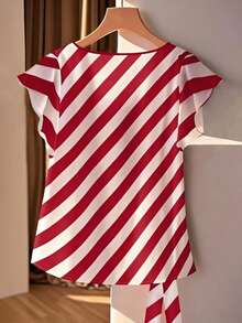 SHEIN Clasi Áo sơ mi nữ tay ngắn cổ chữ V kẻ sọc, xếp nếp, thắt nút bên hông cỡ lớn - Màu Đỏ Sâu - Xem 2