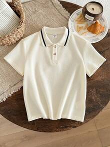 男童休闲日常通勤百搭纹理面料撞色条纹饰边短袖Polo衫，夏季 - 米色 - 查看 4