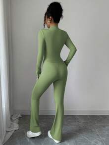 INAWLY Women's Tight-Fitting Zip-Up Cropped Top Jacket & Flared Pants 2 Pieces Set - Green - View 2