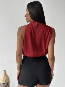 Firerie 女士优雅时尚新款通勤办公日常度假音乐节不对称褶皱杏色衬衫，春夏款 - 紅色 - 查看 8