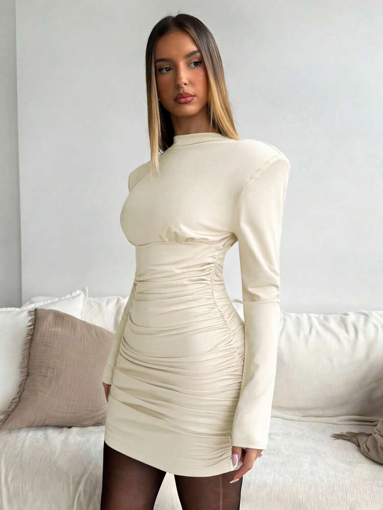 Aloruh Damska jesienno-zimowa, nowa, brązowa, dopasowana mini sukienka z marszczeniami i golfem, idealna do dojazdów do pracy i na co dzień - Morela - Zobacz 6