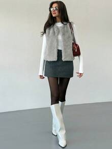 Aloruh 无袖基础款外套，秋冬季优雅时尚仿皮草大衣 - 灰色 - 查看 5