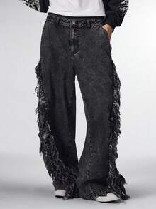 ROMWE MEN Street Life Men's Distressed Washed Dark Cargo Pants - Black - View 5