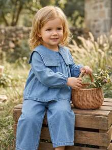 Vintaside Kids Bộ đồ denim cổ điển cho bé gái áo chui đầu tay dài màu trơn và quần jeans cạp chun - Rửa trung bình - Xem 5