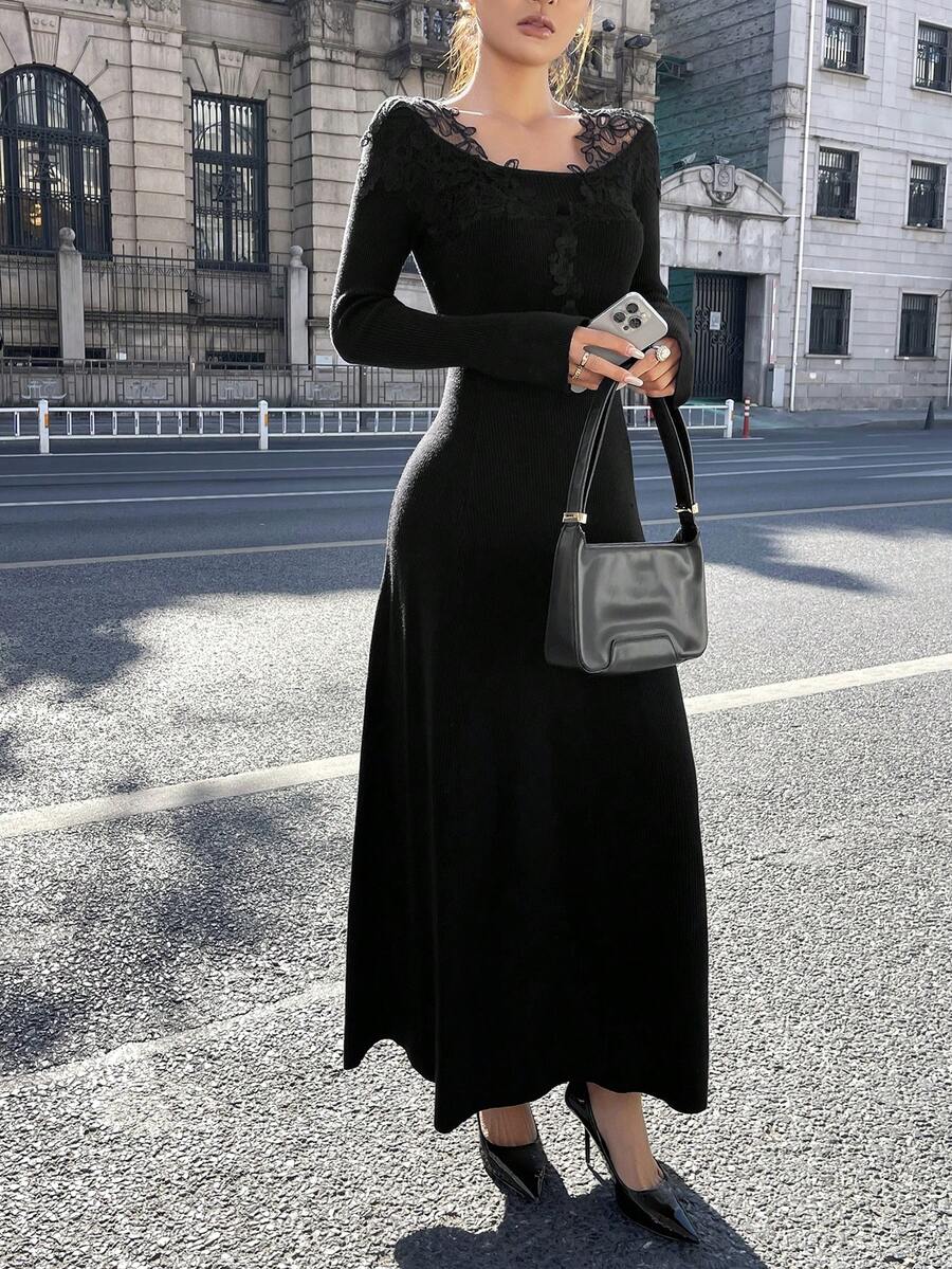 DAZY Lace Patchwork Waist Cinched Women Sweater Dress - Black - View 1