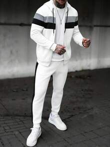 Manfinity CasualCool 男士秋冬撞色连帽卫衣+抽绳腰运动裤，浅灰色拼接，休闲百搭，适合室内外穿着。男士运动套装，男士运动服套装，男士灰白套装，男士两件套，白色男士慢跑服，休闲运动服，日常休闲、周末旅行、户外活动、探险旅行、轻松的工作环境或半正式场合，男友/老公礼物，周年纪念礼物 - 白色 - 查看 3
