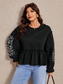 Elaquor Camiseta negra bordada para mujer talla grande, blusa casual de otoño/invierno para damas, blusa negra de primavera para mujeres - Negro - Ver 4