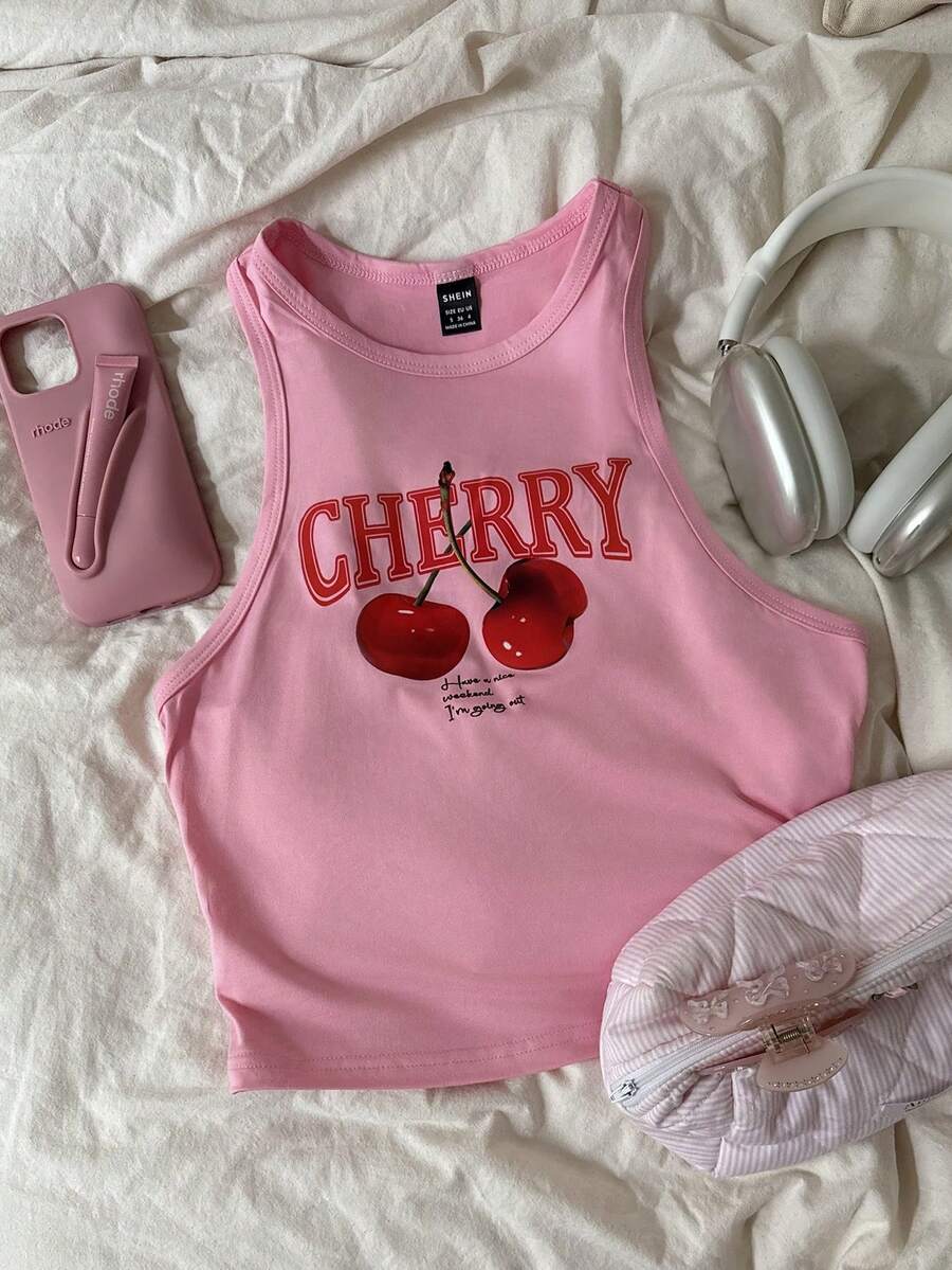 SHEIN EZwear 粉色樱桃图案短款休闲简约圆领修身背心,适合夏季穿着 - 粉色 - 查看 1