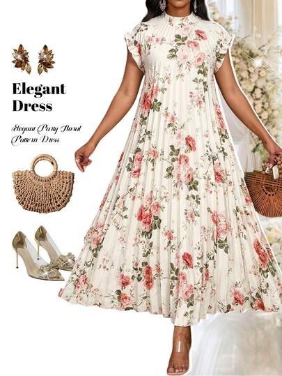 Fleurora Plus Size Women Floral Print Pleated Collar Elegant Vacation Ruffle Sleeve Dress Casual Dresses For Women Elegant Dresses For Women