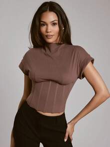Hauture Women's Sexy Simple Front Boning With Brushed Knit Jersey Daily Top - Brown - View 1