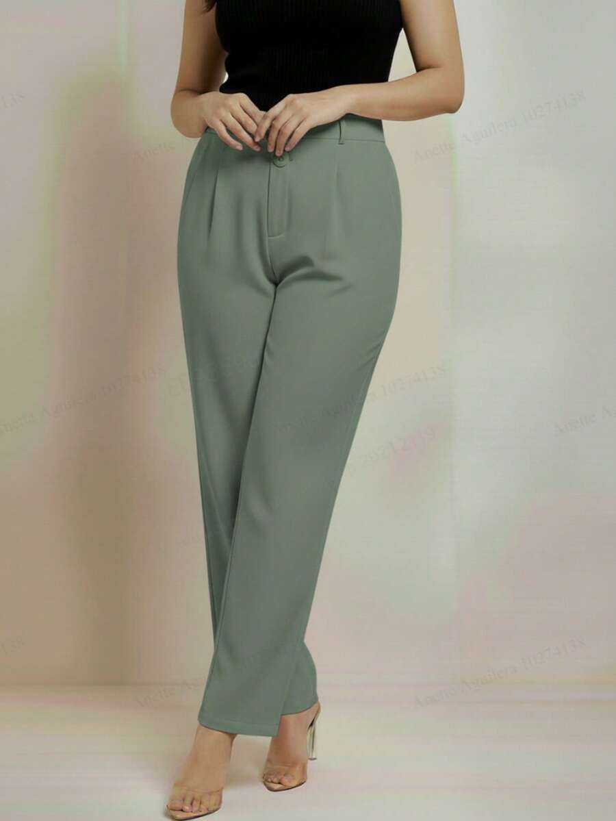 Pantalón formal dama sastrero tiro alto corte recto pierna ancha pretina cierre frontal bolsillos laterales acabado - Pistache - Ver 1