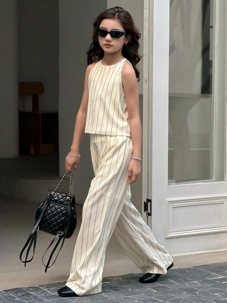 2pcs/Set Tween Girls Woven Striped Crew Neck Sleeveless Shirt + Pants Casual Outfit, Fall