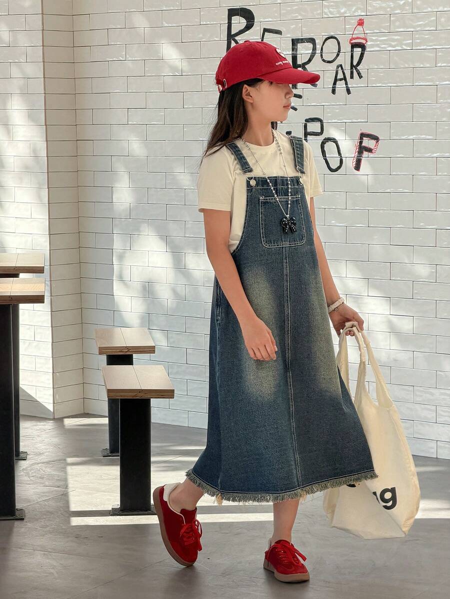 DAZY Tween Girls Denim Pinafore Dress - Blue - View 1