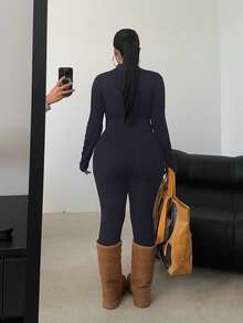 POPSWAY 加大码黑色长袖连体裤，前拉链，腰部收紧，修身剪裁，纯色，百搭，日常穿着 - 藏蓝色 - 查看 2