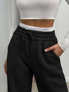 SHEIN Tall Cottnline Women Belt Detailed Wide Leg Grey Melange Sweatpant - Black - View 4