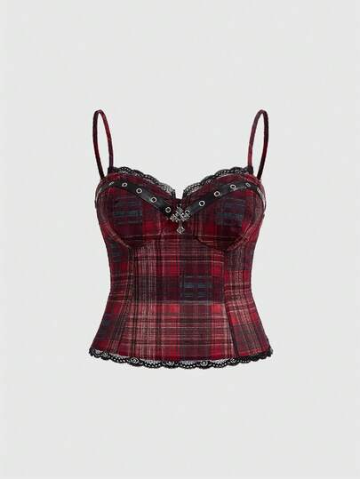 ROMWE Plus Size Vintage Gothic Cross Pendant Burgundy Plaid Fabric Camisole