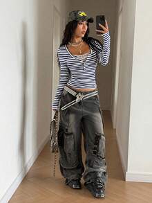 StreetHx 女士秋季蕾丝边饰叠层长袖条纹T恤 - 寶藍色 - 查看 4