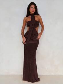Aloruh Women's Asymmetric Wrap Dress With Flowy Ties, Bodycon Mermaid Hem, Suitable For Spring/Summer Vacation - Chocolate Brown - View 2