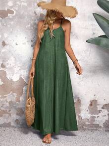 EMERY ROSE Colorful Spaghetti Strap Loose Long Denim Dress, Casual Everyday Wear - Green - View 6