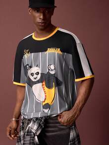 SHEIN Kung Fu Panda Men's Summer Casual Contrast Striped Panda Print Short Sleeve T-Shirt - Grey - View 5