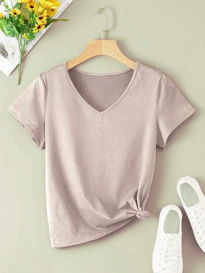 INAWLY Solid V Neck Tee
